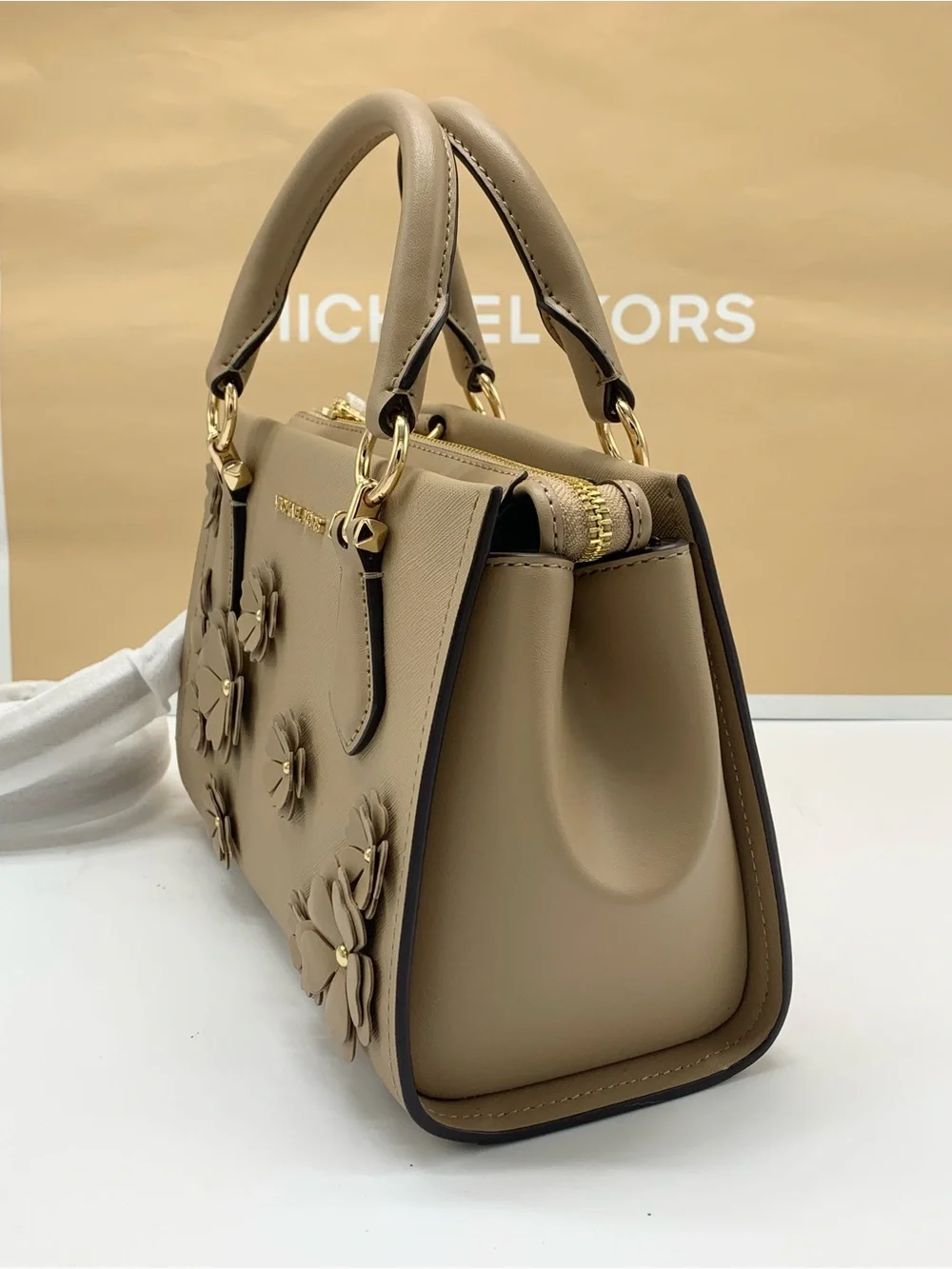 MICHAEL KORS Marilyn Small Floral Embellished Satchel Camel color